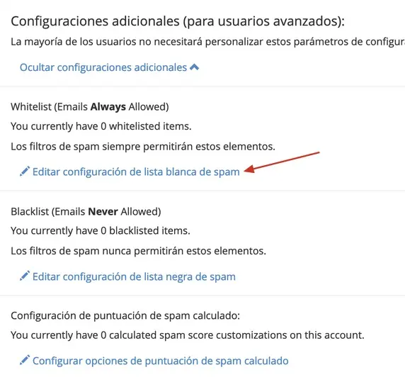 Editar configuración de lista blanca