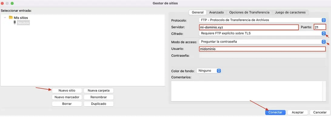 Subir archivos en FileZilla