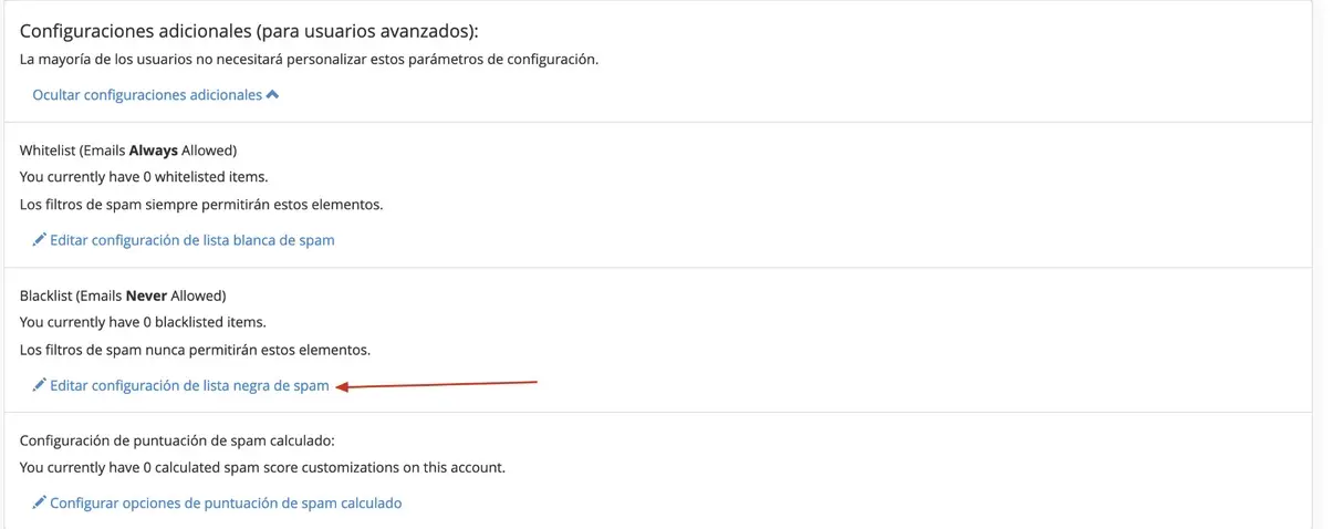 Editar configuración de lista negra